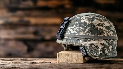 Military helmet in digital camouflage pattern placed on wooden surface