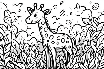 Black and white line art of a giraffe with expressive eyes