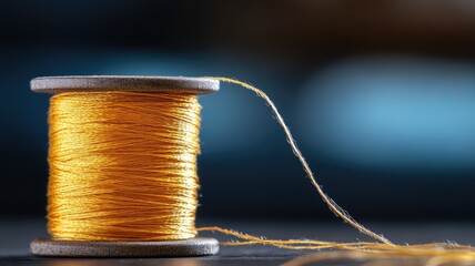 Spool of golden thread with soft lighting and blurred background