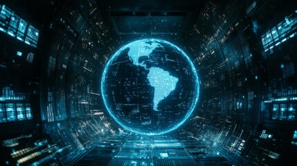 Obraz premium Digital Earth in a Futuristic Tech Tunnel - Stunning Visualization of Global Connectivity