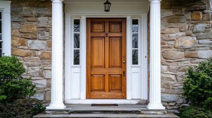 Fototapeta premium Front entrance showcases a wooden door with intricate detailing.