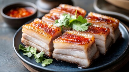 A beautifully plated dish of crispy pork belly, glistening with a drizzle of fish sauce, garnished with fresh herbs and served with a side of spicy dipping sauce.