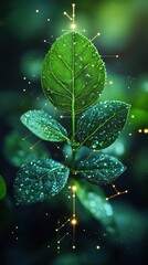 A close-up of a green leaf with water droplets, enhanced with glowing lines and dots for a digital effect.