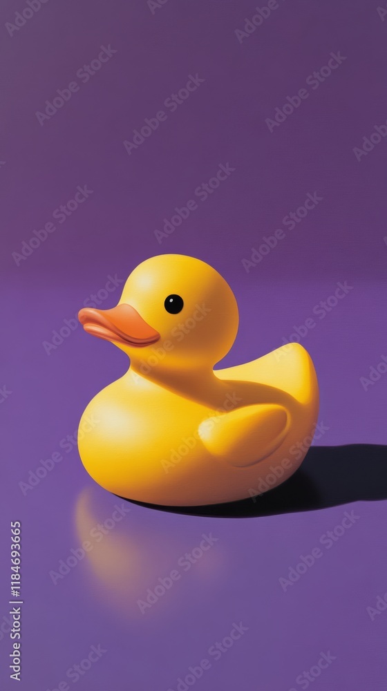 Poster yellow rubber duck floating on a reflective purple surface, creating a vibrant and playful image