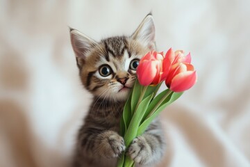 Adorable tabby kitten holding a bouquet of red tulips with a curious expression, set against a soft neutral background