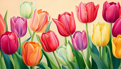 Obraz premium A vibrant pattern of tulips in various colors, with green stems and leaves, fabric, background, seamless pattern