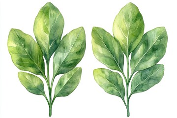 Two clusters of green leaves illustrated in a watercolor style.