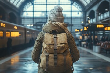 A traveler waits at a train station, wearing a cozy hat and backpack, surrounded by an industrial atmosphere.