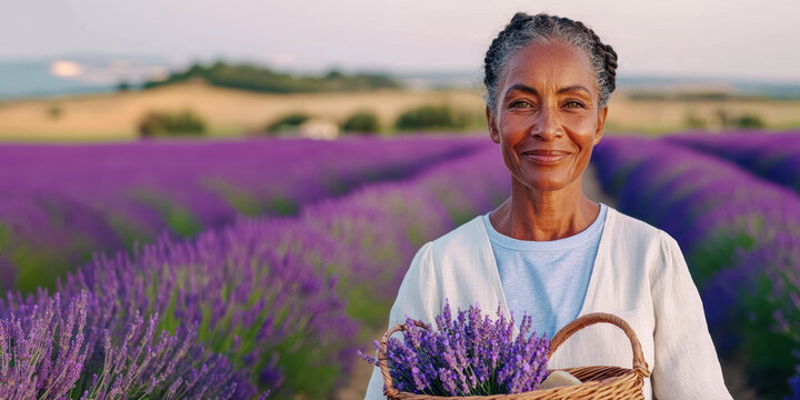 banner with an elderly lady with a basket of handmade soap against the background of a blooming lavender field, copy space about cosmetics from natural oils and herbs - Powered by Adobe