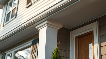 Fototapeta premium Close-up view of a house's exterior, showcasing a white column, tan siding, white trim, and a wood door. Sunlight illuminates the scene, highlighting architectural details.