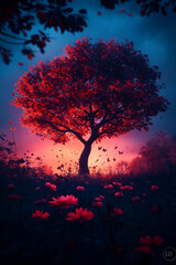 Fototapeta premium Leuchtender Baum mit bunten Schmetterlingen im traumhaften Lichtspiel