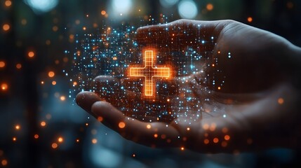 Hand Holding Glowing Orange Cross Symbol with Blue and Orange Lights