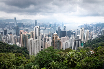 View of breathtaking skyline with modern skyscrapers and lush green forests against the backdrop of mountains, Central, Hong Kong.