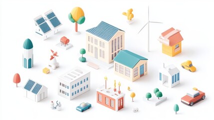 Colorful illustration of modern buildings and renewable energy sources.