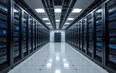 Obraz premium Server Room with Server Racks with Full of Servers, Big Data Center and Cyber Technology Concept.
