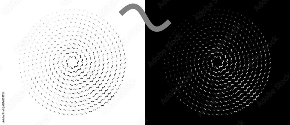 Poster Modern abstract background. Waves in circle form. Round logo. Design element or icon. Black shape on a white background and the same white shape on the black side.
