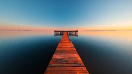 Obraz premium A tranquil sunset over calm waters, reflecting vibrant colors and a beautiful wooden pier extending into the horizon.