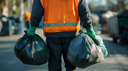 Close-up rearview photography of a garbage man wearing an orange vest and green gloves carrying trash bags to a landfill