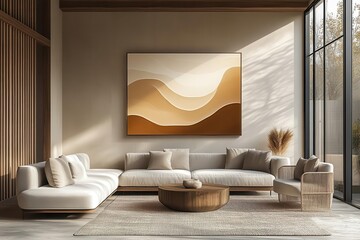 minimalist abstract line art in soothing beige tones with organic flowing curves and gentle geometric patterns for modern interior design