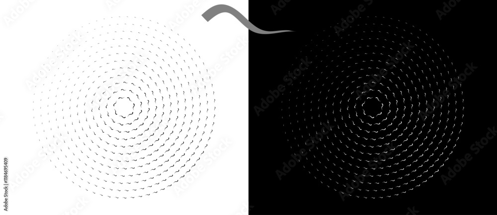 Poster Modern abstract background. Waves in circle form. Round logo. Design element or icon. Black shape on a white background and the same white shape on the black side.