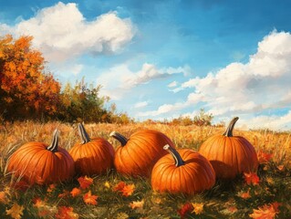 Naklejka premium Autumn Pumpkins Resting in a Field of Gold