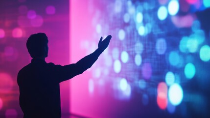 Silhouette of a Speaker Engaging with a Colorful Digital Projection
