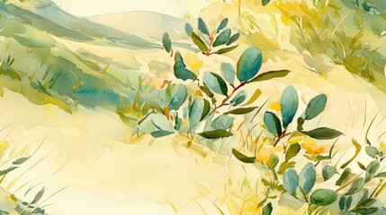 Watercolor Landscape:  Rolling Hills and Foliage