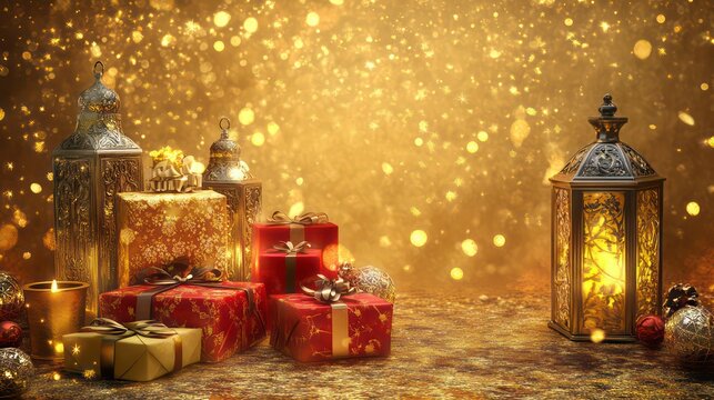 Festive gifts and lanterns with bokeh lights.