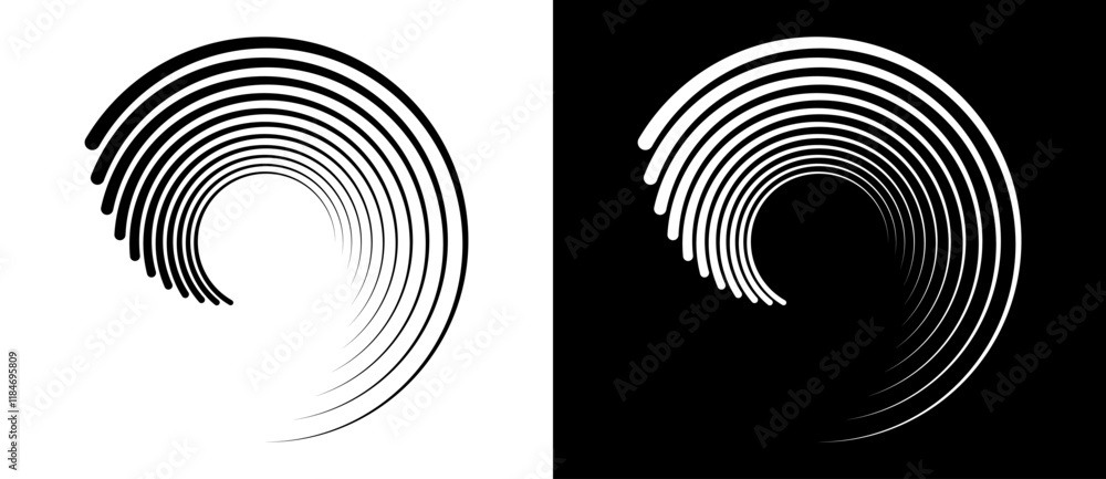 Leinwandbilder Abstract background with lines in circle. Art design spiral as logo or icon. A black figure on a white background and an equally white figure on the black side.