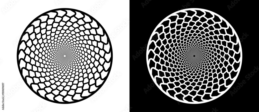 Poster Modern abstract background. Round logo. Design element or icon. Black shape on a white background and the same white shape on the black side.