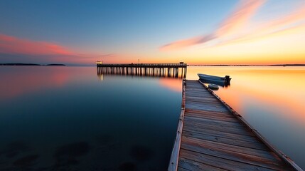 A tranquil sunset over Bay State Pier, reflecting vibrant colors across calm waters, creating a peaceful evening atmosphere.