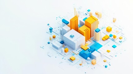 Abstract cityscape illustration with vibrant geometric shapes.