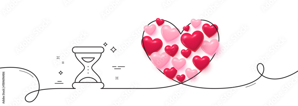 Poster hourglass time line icon. continuous line big heart. clock sand sign. watch symbol. 3d hearts in hea