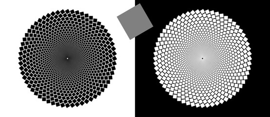 Abstract background with rectangles in circle. Art design spiral as logo or icon. A black figure on a white background and an equally white figure on the black side.
