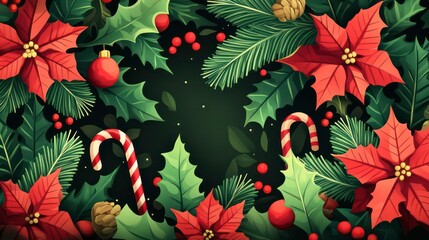Festive Christmas border with poinsettias, holly, candy canes, pine cones, and berries on dark background.
