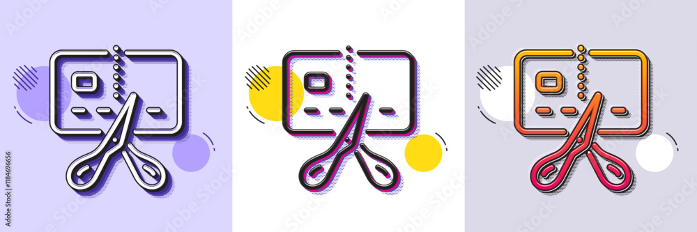 Poster bankrupt line icon. halftone dotted pattern. gradient icon with grain shadow. cut credit card sign. 