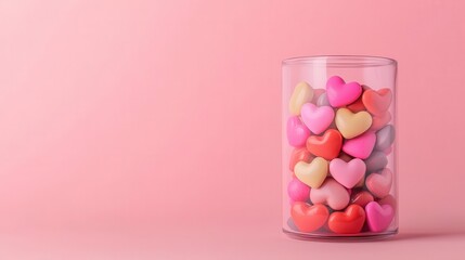 A clear cylinder container showcasing colorful Valentines candy layers, creative design, sweet decor, festive touch