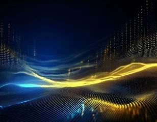 abstract dark blue yellow digital particle wave and light background animation cyber or technology background