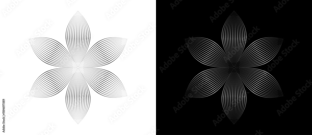 Poster Modern abstract background. Halftone dots like flower. Can be used as logo, icon or design element. Black dots on a white background and white dots on the black side.