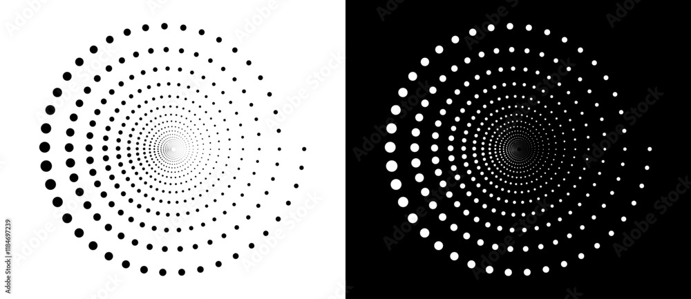 Poster Modern abstract background. Halftone dots in circle form. Spiral logo, icon or design element. Black dots on a white background and white dots on the black side.