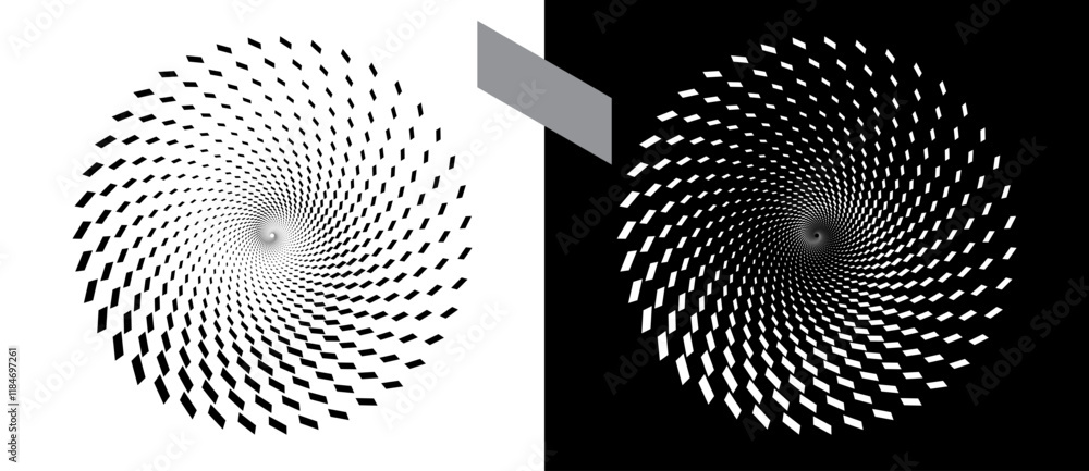 Wall mural Abstract background with rectangles in circle. Art design spiral as logo or icon. A black figure on a white background and an equally white figure on the black side.