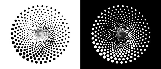Modern abstract background. Halftone dots in circle form. Spiral logo, icon or design element. Black dots on a white background and white dots on the black side.