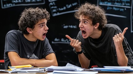Two students in a heated disagreement in a classroom, with books and papers on the desks