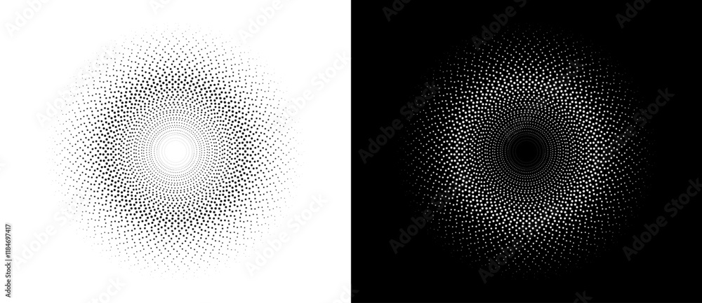 Poster Modern abstract background. Halftone dots in circle form. Sun concept. Vector dotted frame. Design element or icon. Black shape on a white background and the same white shape on the black side.