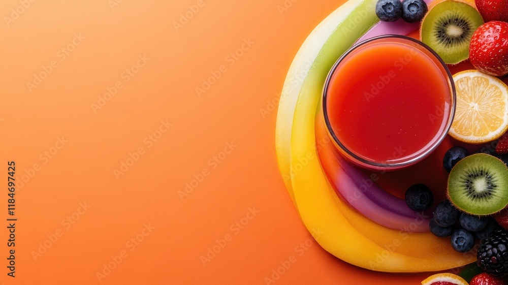 Wall mural Refreshing glass of berry and citrus juice with fresh fruits on orange background