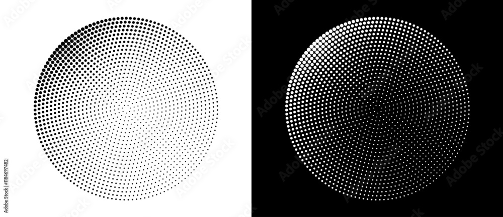 Poster Modern abstract background. Halftone dots in circle form. Spiral logo, icon or design element. Black dots on a white background and white dots on the black side.