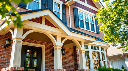 Obraz premium Brick house exterior with white columns, arched entryway, and multiple windows. The house features a bay window and dark shutters. Part of a leafy green tree is visible.