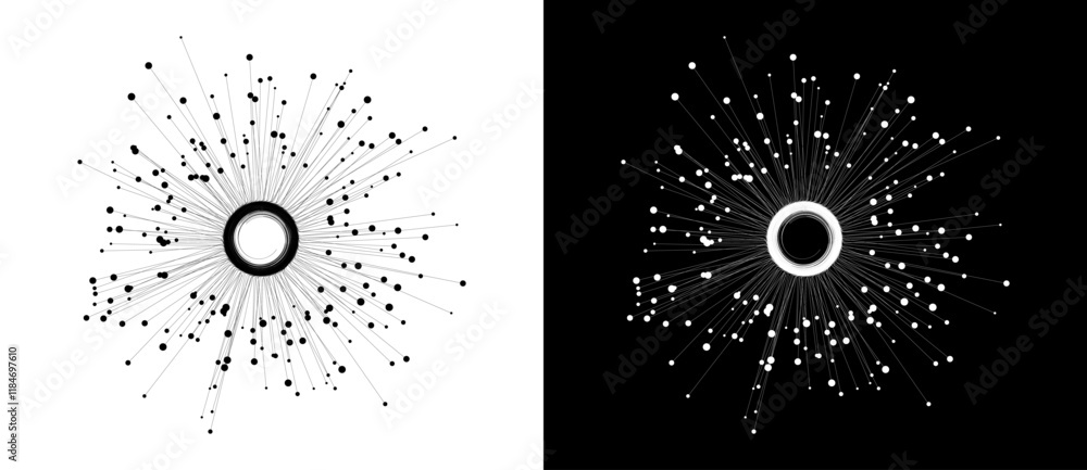 Fototapete Abstract background with lines and dots in circle. Art design BIG DATA or network concept. Black lines on a white background and white lines on the black side.