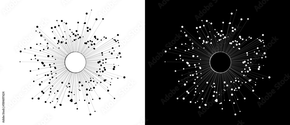 Fototapete Abstract background with lines and dots in circle. Art design BIG DATA or network concept. Black lines on a white background and white lines on the black side.