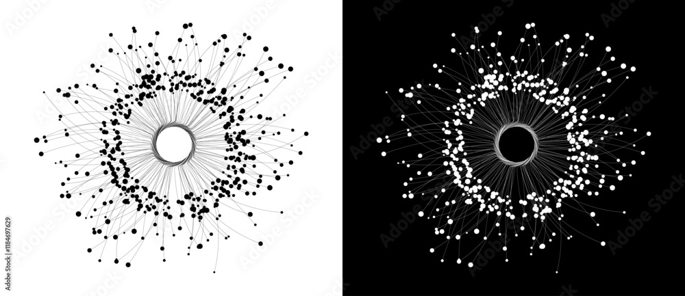 Fototapete Abstract background with lines and dots in circle. Art design BIG DATA or network concept. Black lines on a white background and white lines on the black side.